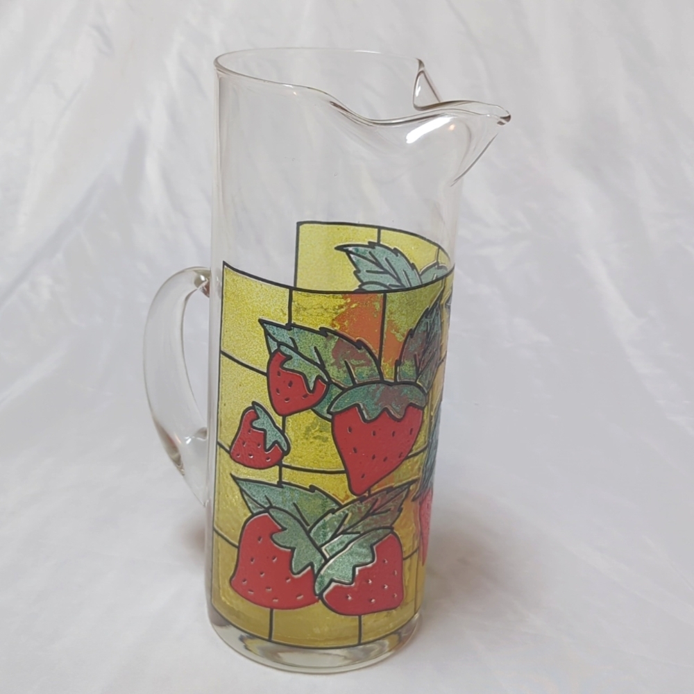 West Virginia Strawberry Stained Glass MCM Drink Cocktail Pitcher Applied Handle